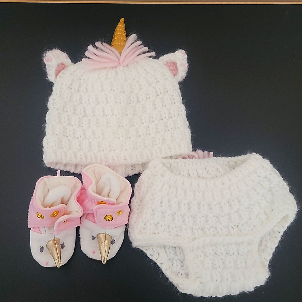 Baby Girls Unicorn Hat and Diaper Cover Set with Matching Shoes